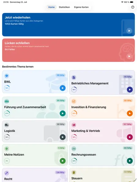 Screenshot der App im Bereich Dashboard (Tablet-Ansicht)
