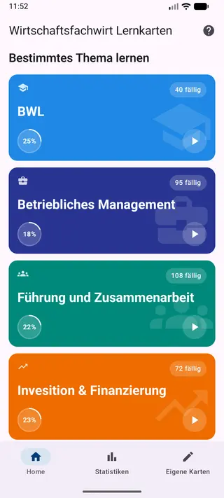 Screenshot der App im Bereich Kategorien-Übersicht