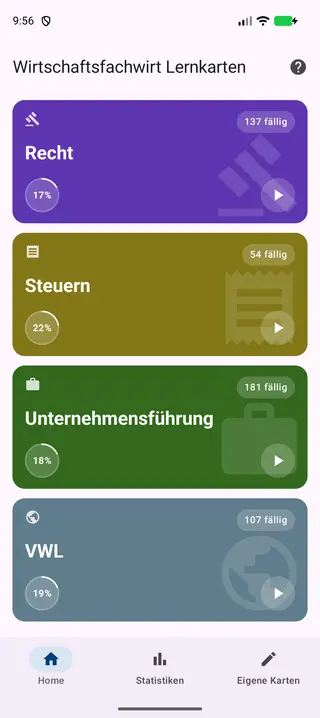 Dashboard der App, gescrollt bis zur Kachel Recht – mit der Anzahl fälliger Karten und dem Lernfortschritt in Prozent
