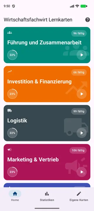 Dashboard der App, gescrollt bis zur Kachel Führung und Zusammenarbeit – mit der Anzahl fälliger Karten und dem Lernfortschritt in Prozent