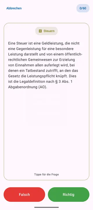 Lernkarte aus dem Bereich Steuern nach dem Umdrehen: die Antwort mit den Knöpfen „Falsch“ und „Richtig“