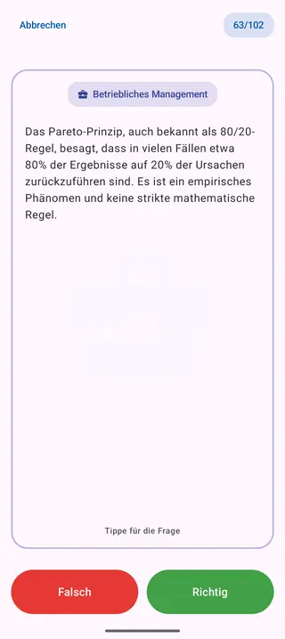 Lernkarte aus dem Bereich Betriebliches Management nach dem Umdrehen: die Antwort mit den Knöpfen „Falsch“ und „Richtig“