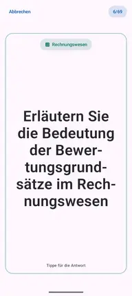 Lernkarte in der App, Vorderseite mit der Frage: Erläutern Sie die Bedeutung der Bewertungsgrundsätze im Rechnungswesen