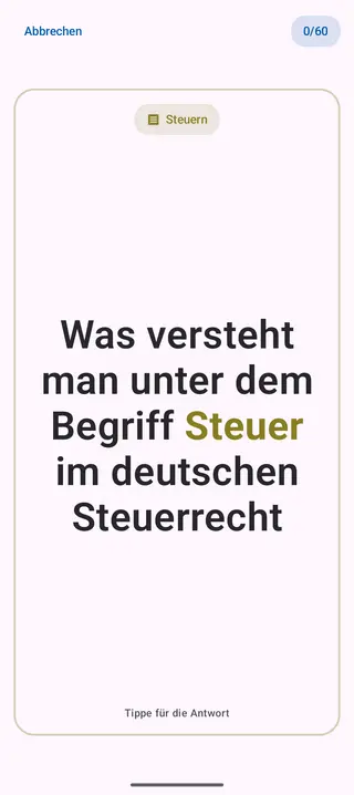 Lernkarte in der App, Vorderseite mit der Frage: Was versteht man unter dem Begriff Steuer im deutschen Steuerrecht