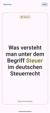 Lernkarte in der App, Vorderseite mit der Frage: Was versteht man unter dem Begriff Steuer im deutschen Steuerrecht