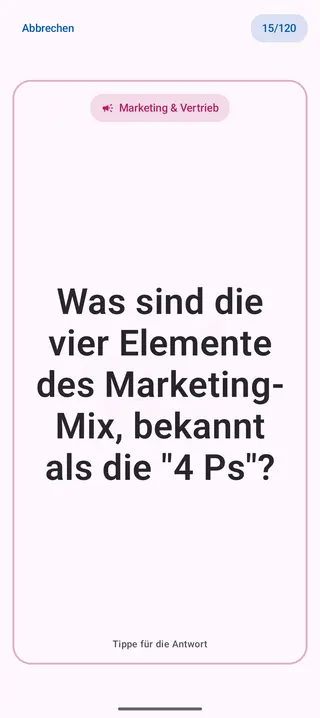 Lernkarte in der App, Vorderseite mit der Frage: Was sind die vier Elemente des Marketing-Mix, bekannt als die „4 Ps“?