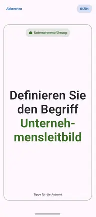 Lernkarte in der App, Vorderseite mit der Frage: Definieren Sie den Begriff Unternehmensleitbild