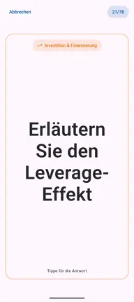 Lernkarte in der App, Vorderseite mit der Frage: Erläutern Sie den Leverage-Effekt