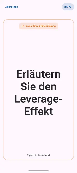 Lernkarte in der App, Vorderseite mit der Frage: Erläutern Sie den Leverage-Effekt