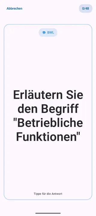 Lernkarte in der App, Vorderseite mit der Frage: Erläutern Sie den Begriff „Betriebliche Funktionen“