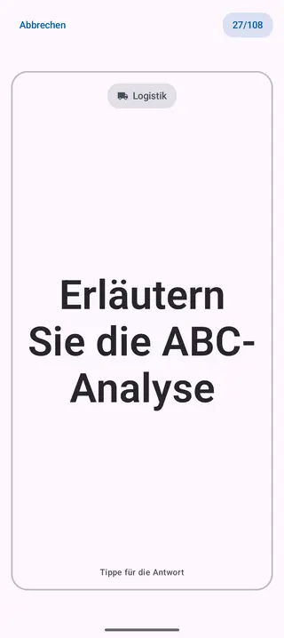 Lernkarte in der App, Vorderseite mit der Frage: Erläutern Sie die ABC-Analyse