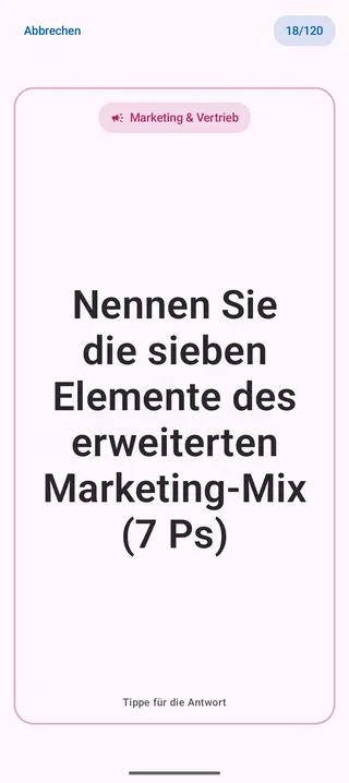 Lernkarte in der App, Vorderseite mit der Frage: Nennen Sie die sieben Elemente des erweiterten Marketing-Mix (7 Ps)