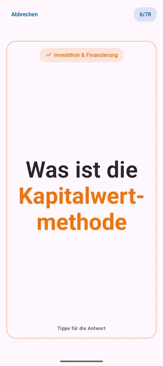 Lernkarte in der App, Vorderseite mit der Frage: Was ist die Kapitalwertmethode