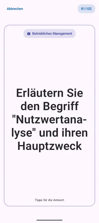 Lernkarte in der App, Vorderseite mit der Frage: Erläutern Sie den Begriff „Nutzwertanalyse“ und ihren Hauptzweck
