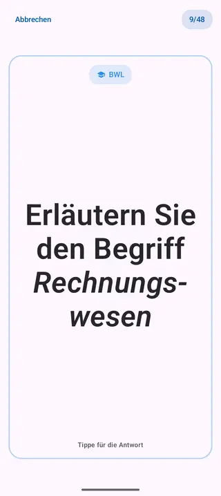 Lernkarte in der App, Vorderseite mit der Frage: Erläutern Sie den Begriff Rechnungswesen