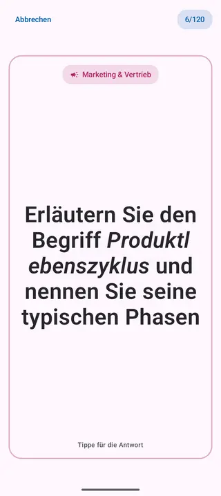 Lernkarte in der App, Vorderseite mit der Frage: Erläutern Sie den Begriff Produktlebenszyklus und nennen Sie seine typischen Phasen