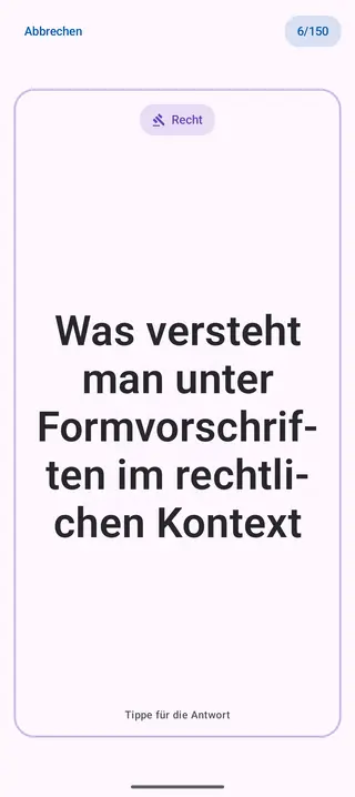 Lernkarte in der App, Vorderseite mit der Frage: Was versteht man unter Formvorschriften im rechtlichen Kontext