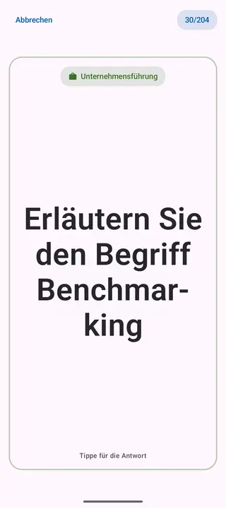 Lernkarte in der App, Vorderseite mit der Frage: Erläutern Sie den Begriff Benchmarking