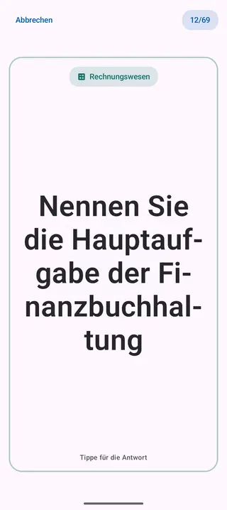 Lernkarte in der App, Vorderseite mit der Frage: Nennen Sie die Hauptaufgabe der Finanzbuchhaltung
