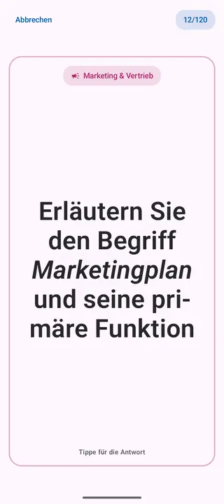 Lernkarte in der App, Vorderseite mit der Frage: Erläutern Sie den Begriff Marketingplan und seine primäre Funktion