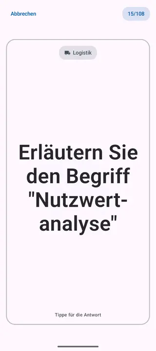 Lernkarte in der App, Vorderseite mit der Frage: Erläutern Sie den Begriff „Nutzwertanalyse“
