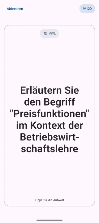 Lernkarte in der App, Vorderseite mit der Frage: Erläutern Sie den Begriff „Preisfunktionen“ im Kontext der Betriebswirtschaftslehre