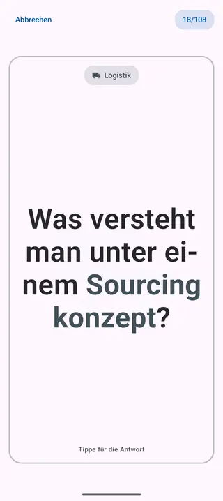 Lernkarte in der App, Vorderseite mit der Frage: Was versteht man unter einem Sourcingkonzept?